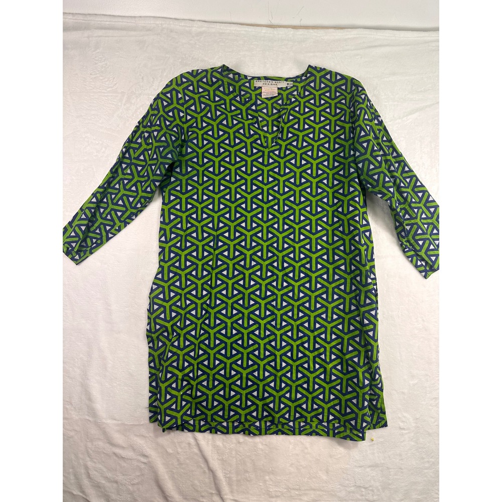 Gretchen Scott Tunic Top Medium Green Navy Geometric Cotton 3/4 Sleeve Womens